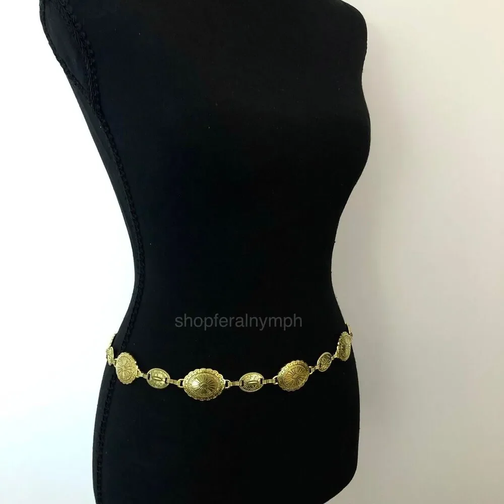 Vintage Y2K Boho Gold Medallion Chain Belt, Fits 22.5–38 Inches, X7GA1199